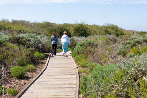 USA, California, Oso Flaco State Park, part of Oceano Dunes SVRA (State Vehicular Recreation Area). Boardwalk inviting trail to overlook