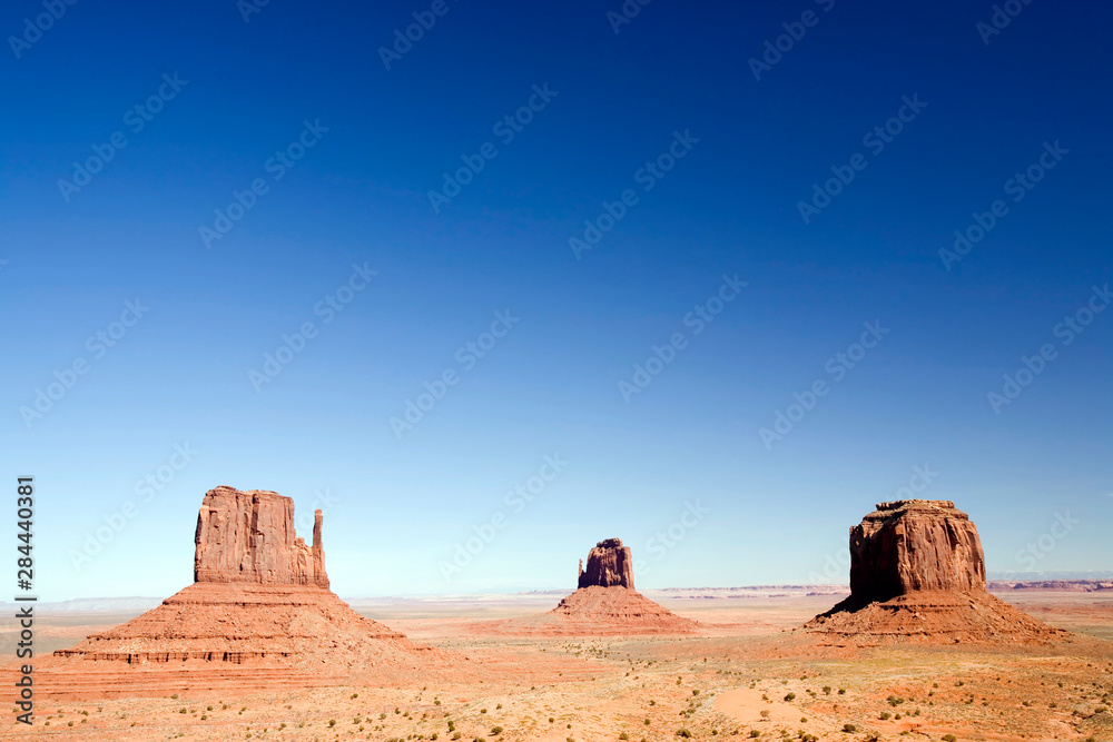 USA, Arizona, Monument Valley. The Mittens as seen from the Monument Valley Navajo Tribal Park's visitor center.