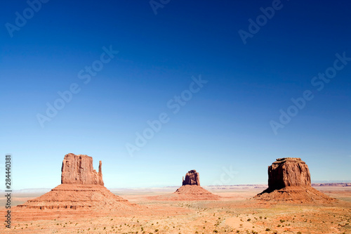 USA  Arizona  Monument Valley. The Mittens as seen from the Monument Valley Navajo Tribal Park s visitor center.