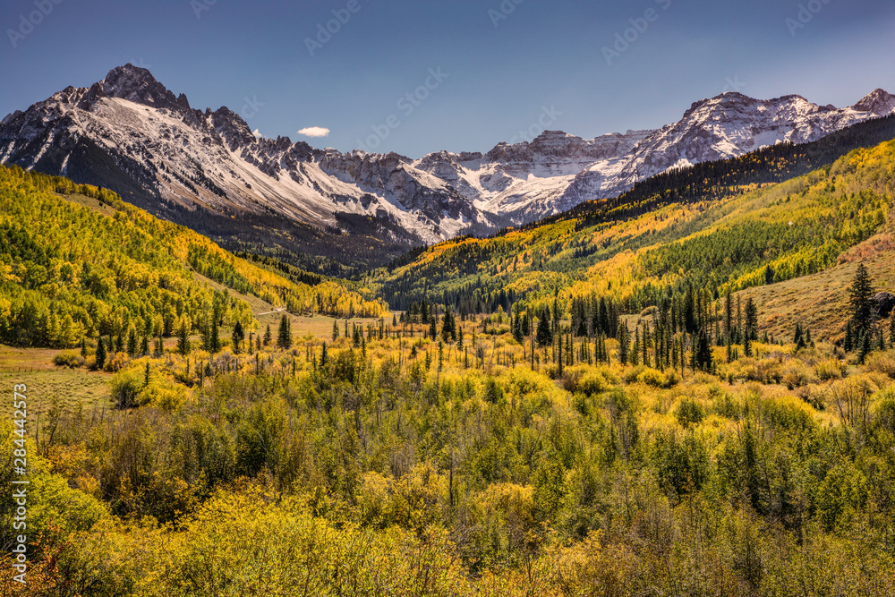 Autumn, aspen trees and Sneffels Range, Mount Sneffels Wilderness, Uncompahgre National Forest, Colorado