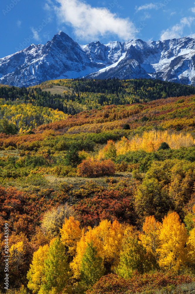 USA, Colorado, San Juan Mountains. Mountain and valley landscape in autumn. 