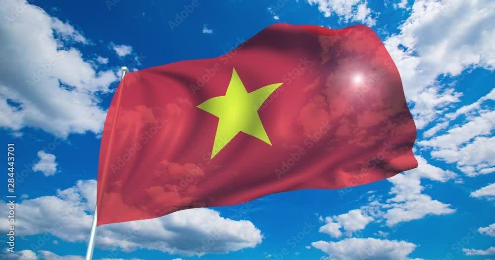 flag of Vietnam with fabric structure against a cloudy sky (loopable)