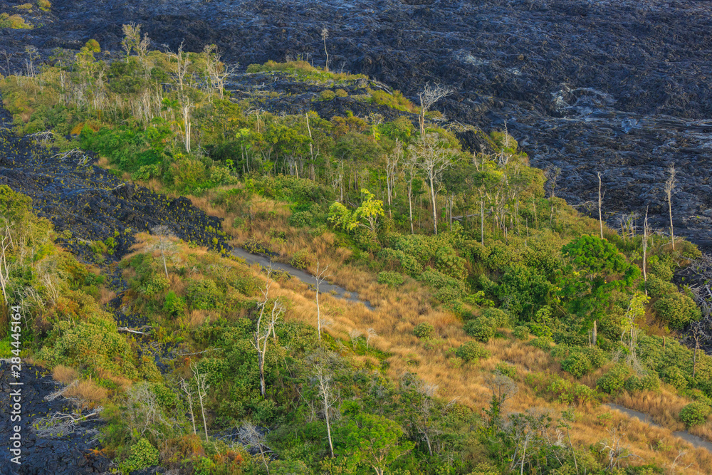 Fototapeta premium Helicopter tour from Hilo to Pu'u O'o vent and crater area, Big Island, Hawaii, USA