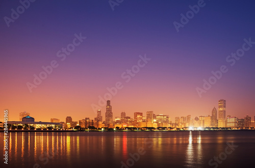 USA  Illinois  Chicago. Sunset skyline and Lake Michigan. 