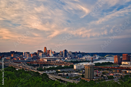 Cincinnati  Ohio and Covington  Kentucky at sunset  from Devou Park  Covington  Kentucky