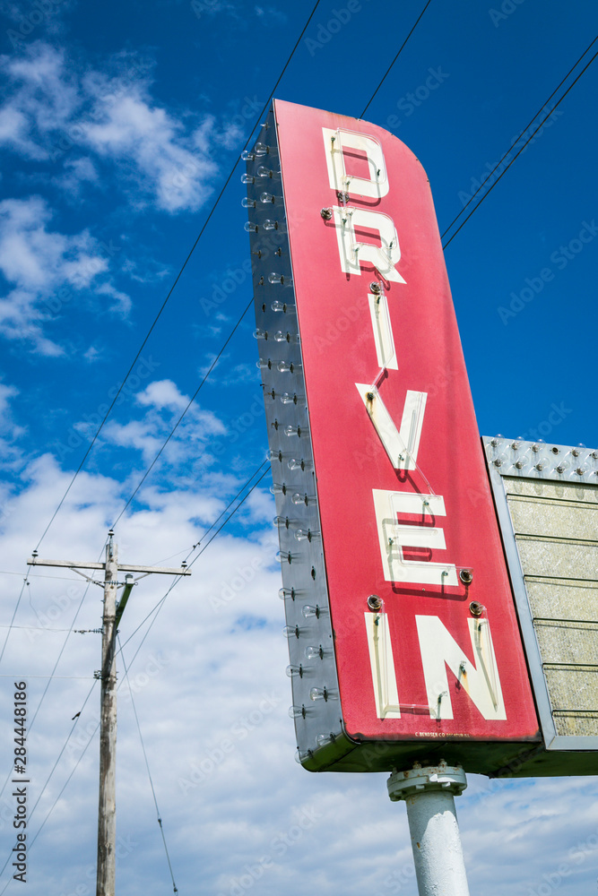 Sign for a Drive In, Litchfield, Illinois, USA. Route 66 Sign for a Drive In, Litchfield, Illinois, USA. Route 66