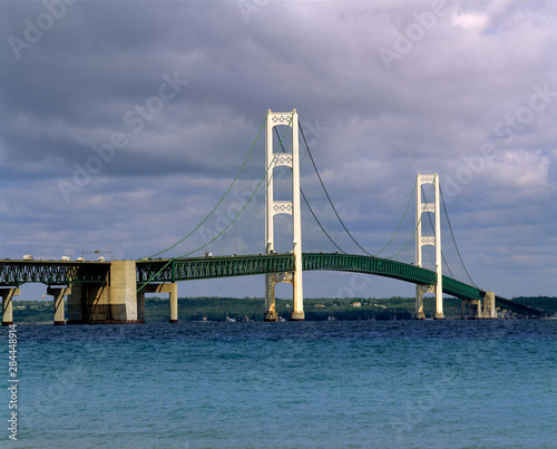 USA, Michigan, Straits of Mackinac. A sturdy suspension bridge at the Straits of Mackinac connect the Upper Peninsula to lower Michigan.