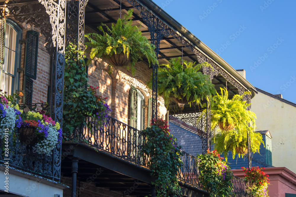 US, LA, New Orleans French Quarter. Lush balcony gardens, Morning light makes patterns through ironwork