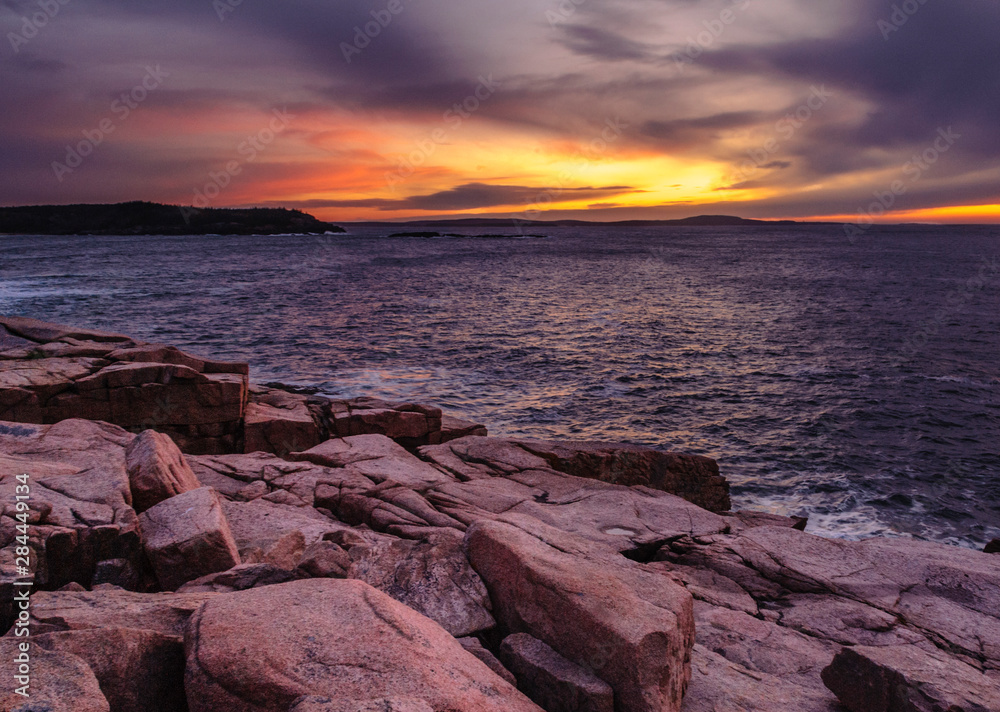 USA, Maine, Coastline, Acadia National Park, Sunrise