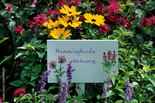 Hummingbirds Welcome sign in hummingbird garden, Marion County, Illinois