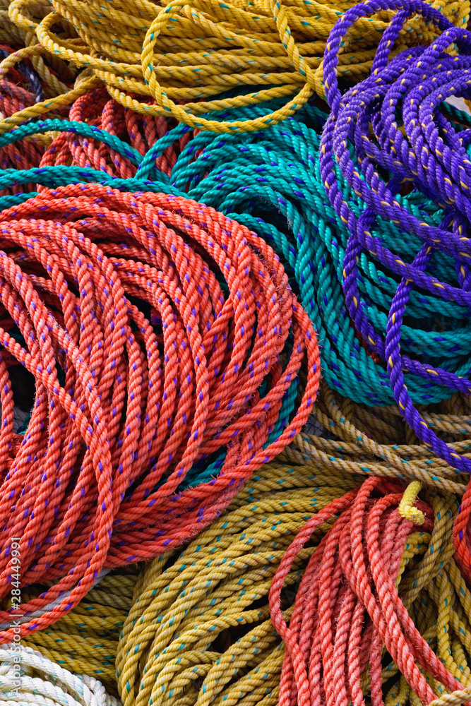 Colorful ropes on dock, Rockport Harbor, Rockport, Maine