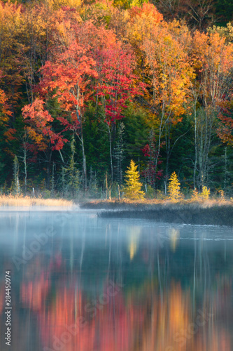 Autumn colors and mist reflecting on Council Lake at sunrise  Hiawatha National Forest  Upper Peninsula of Michigan.