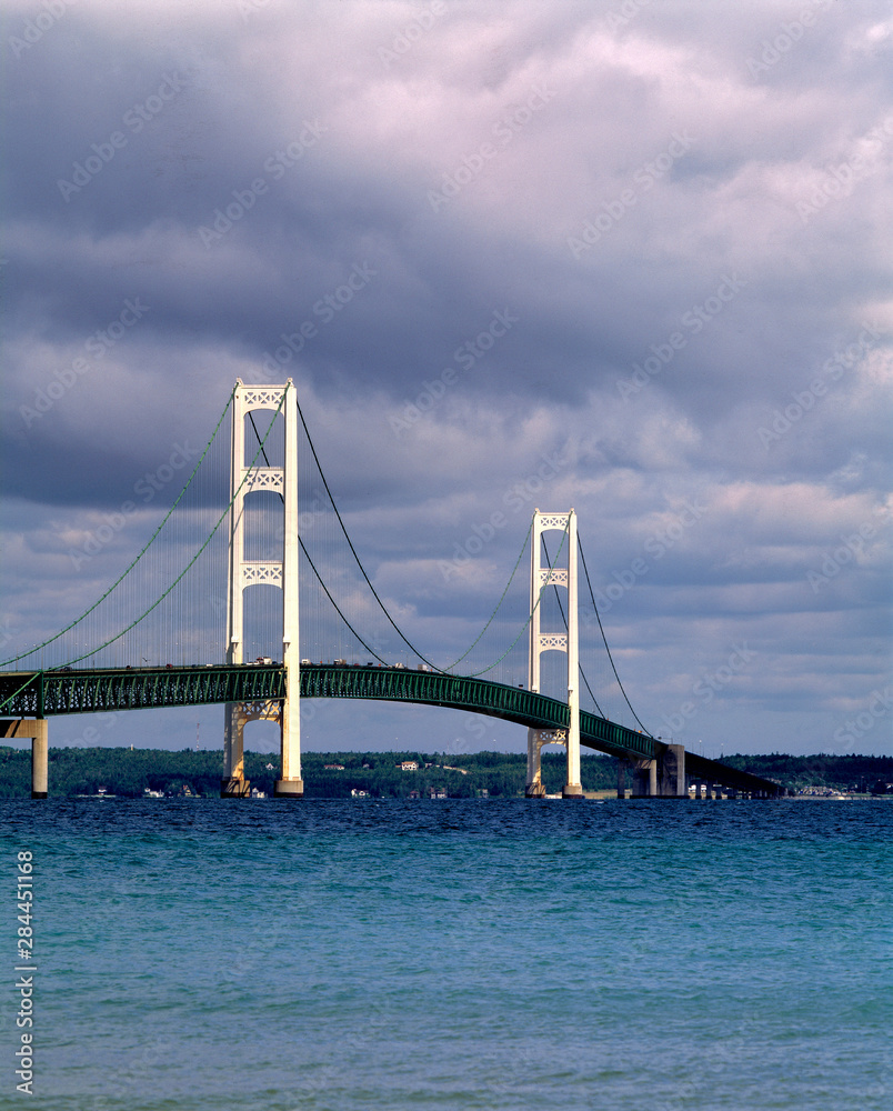 USA, Michigan, Straits of Mackinac. A sleek suspension bridge spans the Straits of Mackinac, Michigan.
