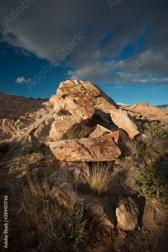 USA, Nevada. Geological formations with clouds at sunset, Gold Butte National Monument. photo