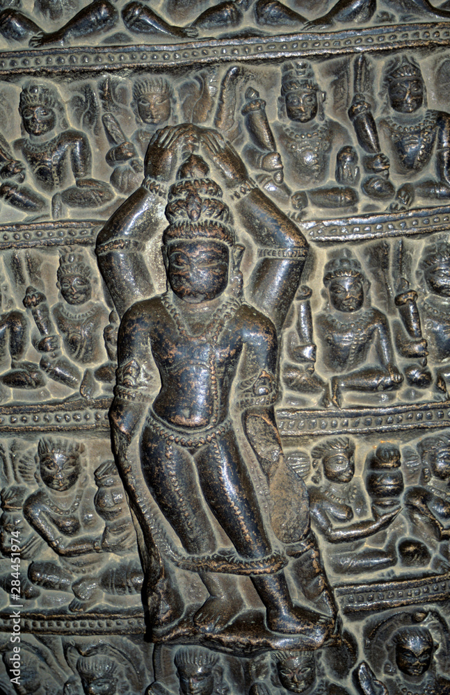 Asia, India, Khajuraho. Close up of carved detail on the boar (incarnation of Vishnu) in the Varaha Temple at Khajuraho.