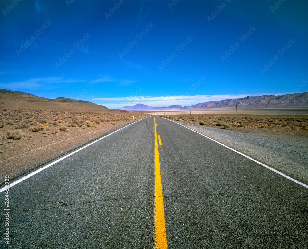 USA, Nevada, Lerlach. Highway 447 near Gerlach in Nevada runs through a desolate part of the country.