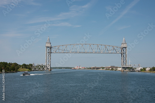 Massachusetts, Bourne, Atlantic Intracoastal Waterway. Cape Cod Canal, connecting Cape Cod Bay to Buzzards Bay. Canal Railroad Bridge (Vertical lift bridge) aka Buzzards Bay Railroad Bridge, c. 1933. photo