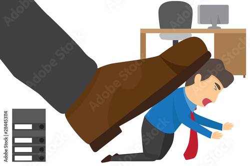 Oppressed by the boss with businessman under a big shoe in office. vector illustration.