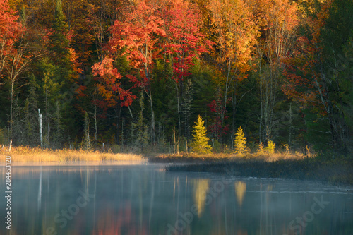 Autumn colors and mist reflecting on Council Lake at sunrise, Hiawatha National Forest, Upper Peninsula of Michigan. photo