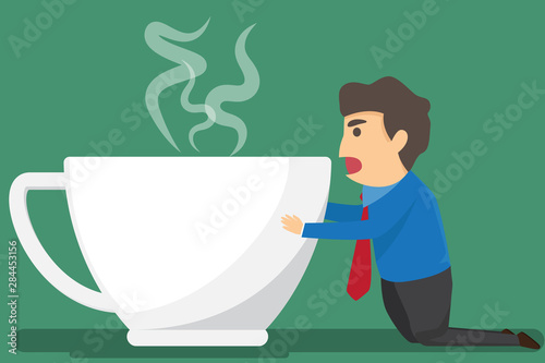 Cartoon businessman drink coffee because of drowsiness and need more big coffee cup. (suffer from severe dysentery), Coffee addiction. vector illustration.