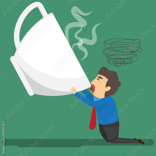 Cartoon businessman drink coffee because of drowsiness and need more big coffee cup. (suffer from severe dysentery), Coffee addiction. vector illustration.