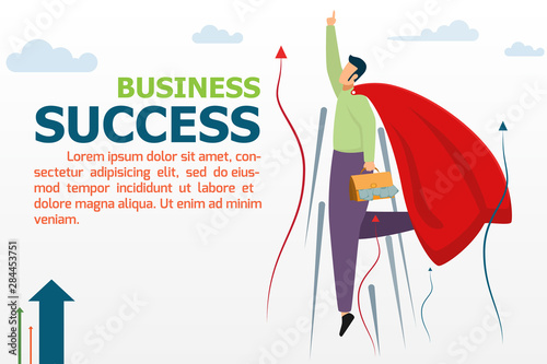 Superhero business man and leader in red cape flying fast in the sky showing yes winner gestures. Business success concept vector illustration. Businessman leader and successful.