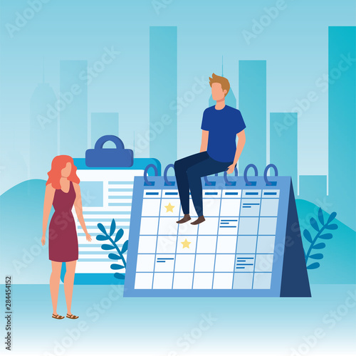 young couple with calendar characters