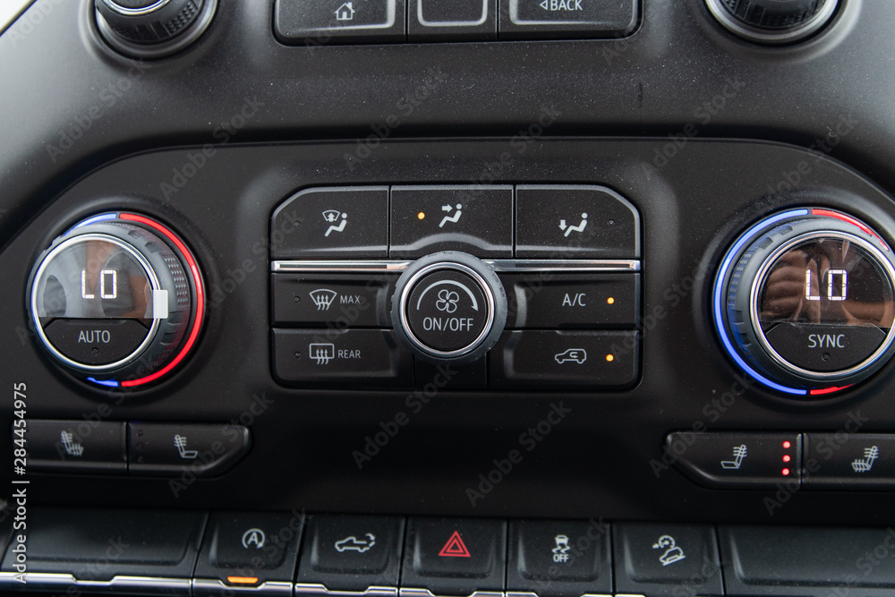 Close up of dusty control panel of a new vehicle