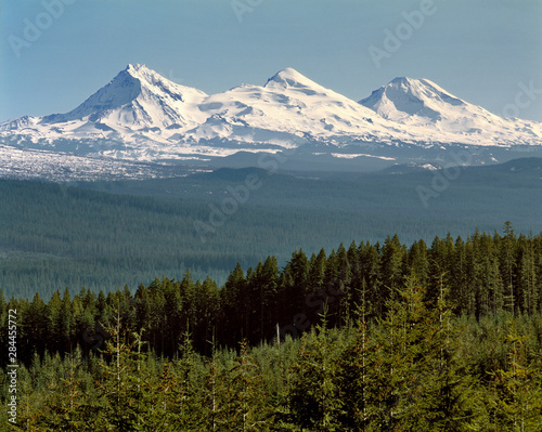 USA, Oregon, Three Sisters.The Three Sisters stand tall above the forests of the McKenzie Pass in the Oregon Cascades Range.