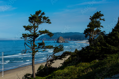 Cannon Beach  Oregon. Evergreen trees frame the Haystack Rocks  waves  surf  and beach