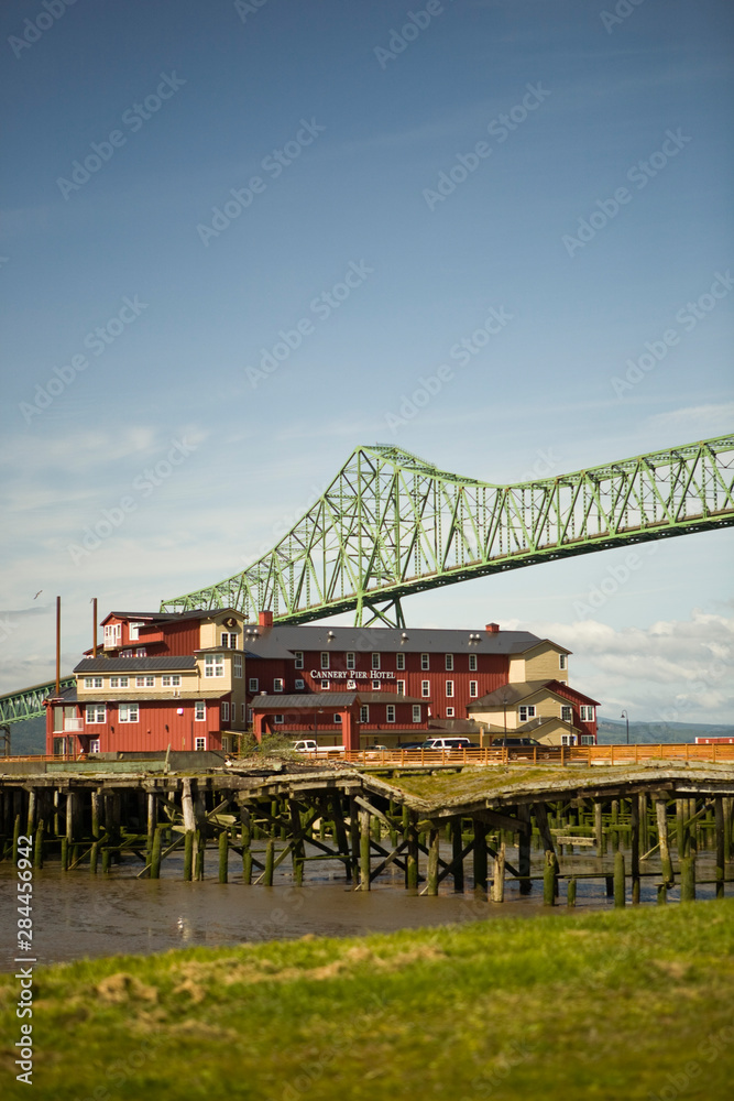 View of marina and historic Astoria Bridge on the Columbia River. Astoria, Oregon View of marina and historic Astoria Bridge on the Columbia River. Astoria, Oregon