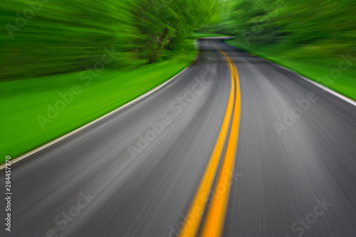 Blurred motion view of U. S. 441 through the Great Smokies National Park, from a moving automobile, Tennessee