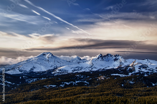 Deschutes National Forest, Oregon, USA. South Sister and Broken Top at dusk.