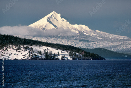 USA, Oregon, Mt McLoughlin. Fresh snow covers Mt McLoughlin as seen from Upper Klamath Lake in southern Oregon. photo