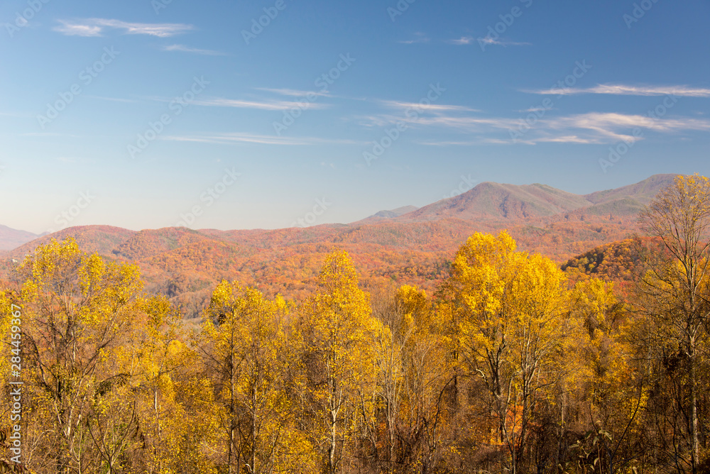 Usa, Tennessee. Fall color Smoky Mountain National Park from Maloney Overlook on Little River Road