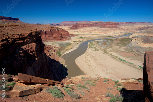 Utah, The Colorado River and the dried up arm of Lake Powell at Hite, Utah, with the landlocked boat launch now far from the river, a result of years of drought.
