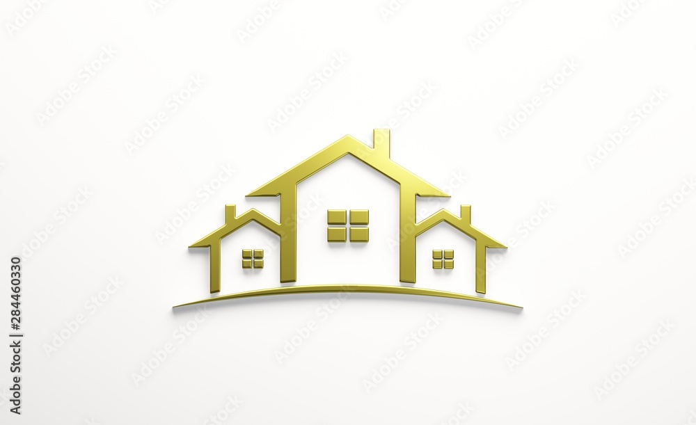 Real Estate Houses Gold Logo Design. 3D Rendering Illustration Real Estate Houses Gold Logo Design. 3D Rendering Illustration