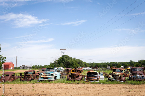 Rusting antique cars, Texola, Texas Oklahoma border, USA. Route 66