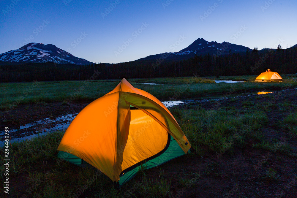 Camping Tent, South Sister (Elevation 10,358 ft.) Sparks Lake, Three Sisters Wilderness, Eastern Oregon, USA Camping Tent, South Sister (Elevation 10,358 ft.) Sparks Lake, Three Sisters Wilderness, Eastern Oregon, USA