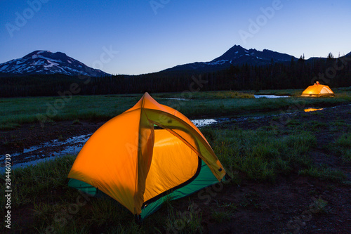Camping Tent, South Sister (Elevation 10,358 ft.) Sparks Lake, Three Sisters Wilderness, Eastern Oregon, USA