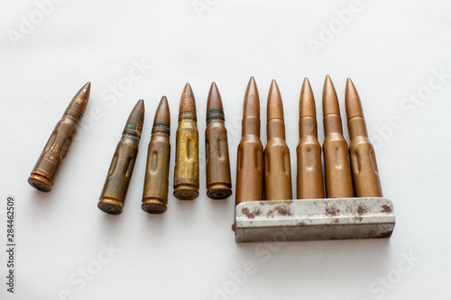 ammunition and bullets ammunition on a white background. Different caliber