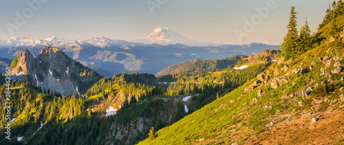 USA. Washington State. Panorama of Mt. Adams, Goat Rocks and Double Peak from the shoulder of Tamanos Mountain at Mt. Rainier National Park. photo