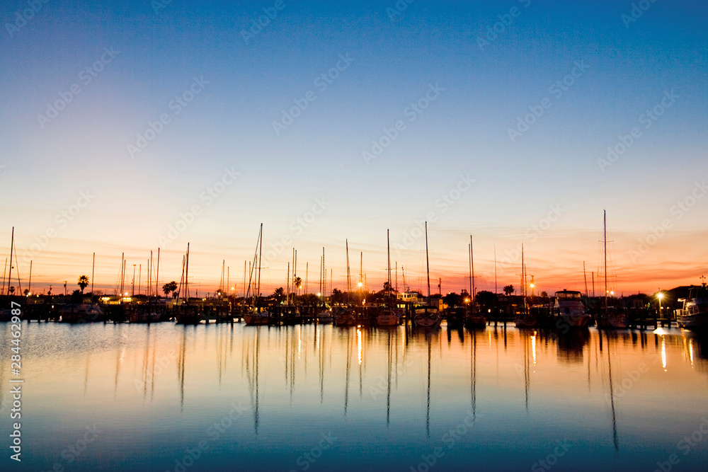 Rockport, Texas harbor at sunset