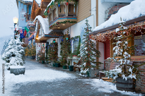 WA, Leavenworth, Bavarian style village, decorated with holiday lights photo