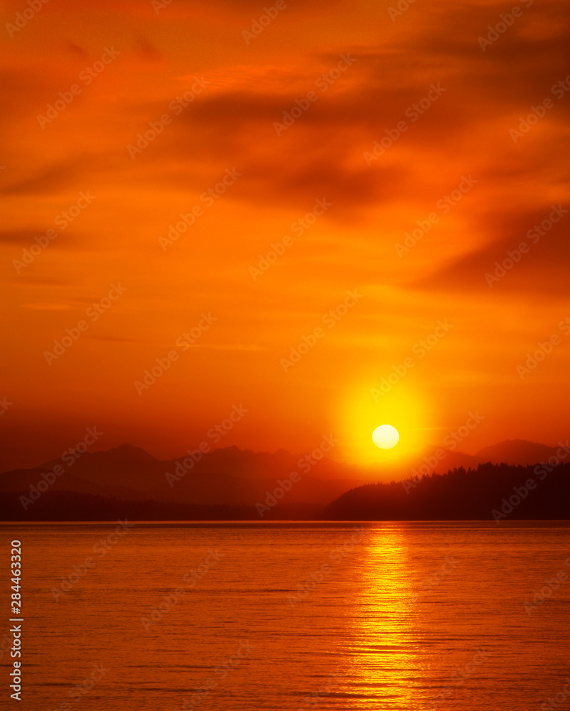 USA, Washington, Snohomish County. Sunset over Puget Sound. 