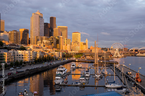 USA, Washington State, Seattle. Night time skyline from Pier 66. photo