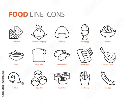 set of food icons, such as meat ball, sandwich, egg