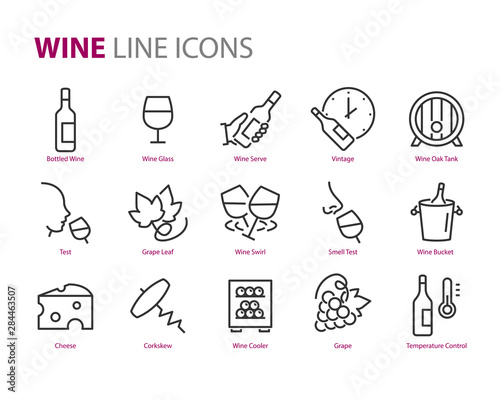 set of wine icon, such as grape, cheese, barrel, bottle, glass