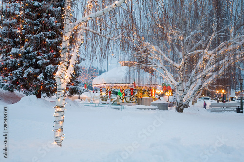 WA, Leavenworth, Bavarian style village, Gazebo and City Park, with holiday lights photo