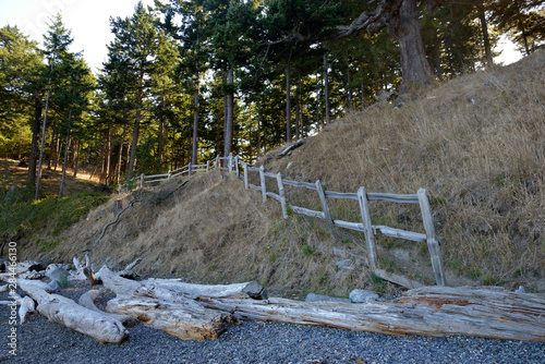 USA, Washington State. San Juan Islands, James Island. Wood fencing along a path up the cliffs at East Cove photo